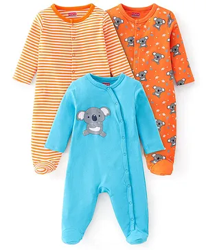 Babyhug Cotton Knit Full Sleeves Koala Printed Sleep Suits Pack of 3 - Orange & Blue