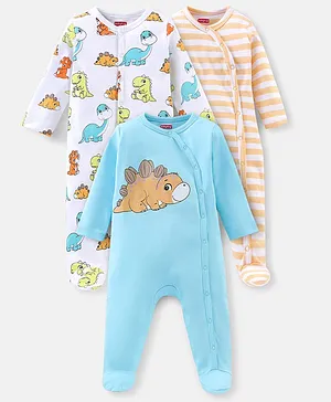 Babyhug Cotton Knit Full Sleeves Footed Sleep Suits Stripes & Dino Print - Blue White & Orange