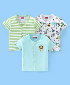 Babyhug 100% Cotton Interlock Knit Half Sleeves Front Open Vests Striped & Animal Print Pack Of 3 - Green White & Blue