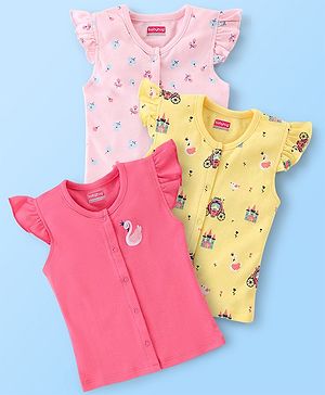 Babyhug 100% Cotton Frill Sleeves Front Open Vests Floral & Castle Print Pack of 3- Pink & Yellow