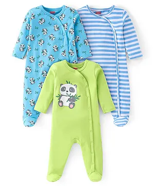 Babyhug Cotton Knit Full Sleeves Footed Sleepsuit with Panda Print Pack of 3 - Blue & Green