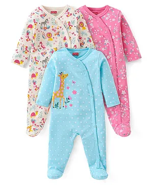 Babyhug Cotton Interlock Knit Full Sleeves Sleep Suit Floral Print Pack of 3 - Multicolor