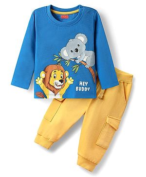 Babyhug 100% Cotton Knit Full Sleeves Lion & Koala Bear Printed T-Shirt & Lounge Pant Set - Blue & Yellow