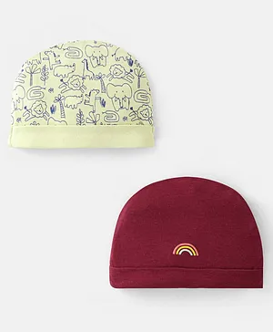 Doodle Poodle 100% Cotton Animal and Rainbow Printed Cap Pack of 2 White & Maroon- Diameter 10 cm