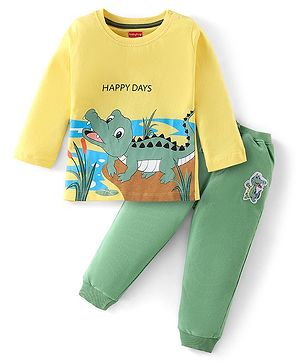 Babyhug 100% Cotton Knit Full Sleeves With T-Shirt & Lounge Pants Crocodile Print - Yellow & Green