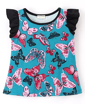 CrayonFlakes Fril Cap Sleeves All Over Butterflies Printed Top - Blue
