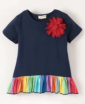 CrayonFlakes Half Sleeves Flower Applique Embellisbhed & Striped & Frill Bottom Detailed Top - Navy Blue