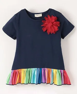 CrayonFlakes Half Sleeves Flower Applique Embellisbhed & Striped & Frill Bottom Detailed Top - Navy Blue