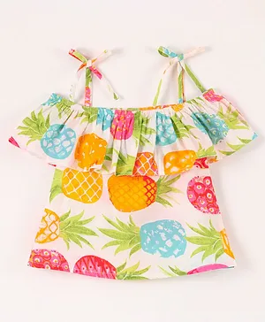 CrayonFlakes Cold Shoulder Half Sleeves All Over Pineapples Printed Strappy Top - Multi Colour