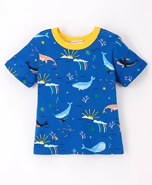CrayonFlakes Sea Life Theme Half Sleeves All Over Whale & Bubbles Printed Ringer Tee - Blue