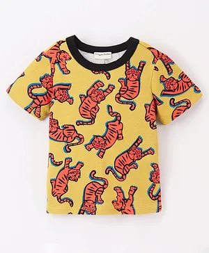 CrayonFlakes Wild Life Theme Half Sleeves All Over Tiger Printed Ringer Tee - Yellow