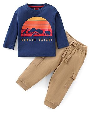 Babyhug 100% Cotton Full Sleeves T-Shirt & Lounge Pant Set With Sun Set Print - Blue & Light Brown