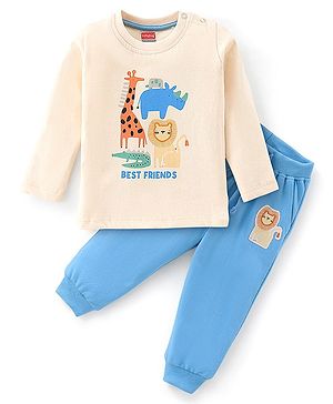 Babyhug 100% Cotton Knit Full Sleeve T-Shirt and Lounge Pant Animal Print - Off White & Blue