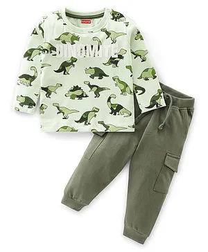 Babyhug 100% Cotton Knit Full Sleeves T-Shirt & Lounge Pant Set With Dino Print - Green