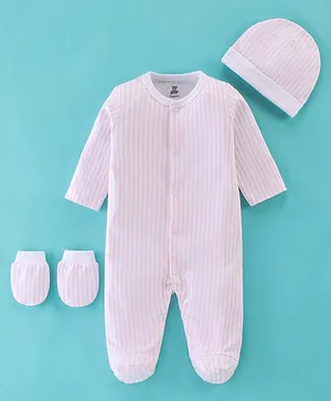 I Bears Cotton Knit Full Sleeves Romper with Cap and Mittens Striped - Pink