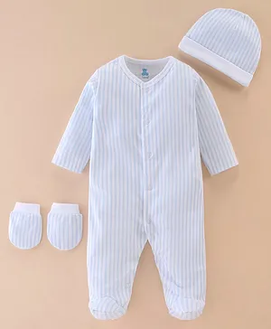 I Bears Cotton Knit Full Sleeves Romper with Cap and Mittens Striped - Blue