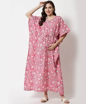 Aujjessa Batwing Three Fourth Sleeves Seamless Floral Swirl Printed Maternity Kaftan Dress With Concealed Zipper Nursing Access - Pink