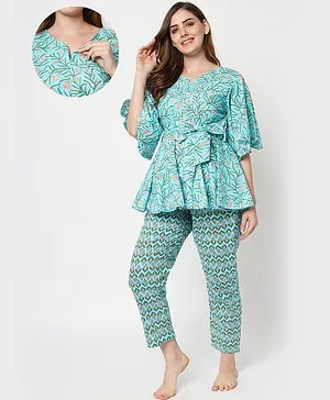Aujjessa Three Fourth Sleeves Floral Printed Maternity Feeding Night Suit - Blue