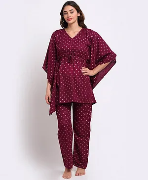 Aujjessa Three Fourth Sleeves Abstract Printed Kaftan Style Maternity Feeding Night Suit - Maroon