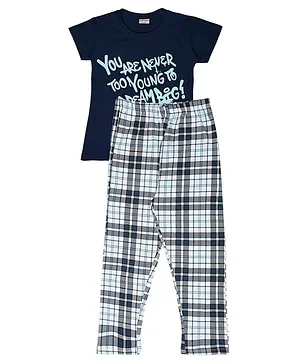 RAINE AND JAINE Half Sleeves You Are Not Too Young To Dream Big Printed & Checks Night Wear Set - Navy Blue