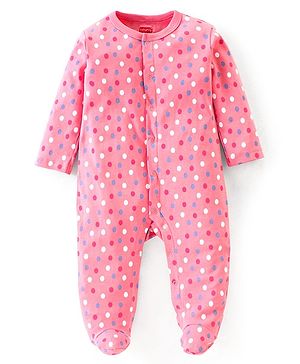 Babyhug Cotton Full Sleeves Sleep Suit Polka Dot Print- Pink