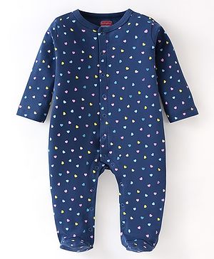 Babyhug Full Sleeves Sleep Suit Heart Print - Navy Blue