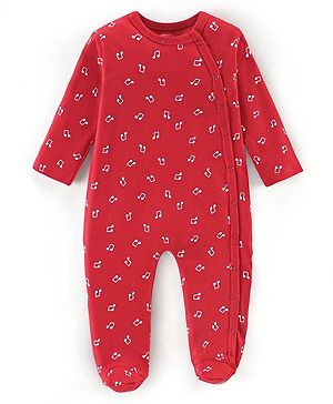 Babyhug Cotton Knit Full Sleeves Footed Sleepsuit Musical Notes Print - Red