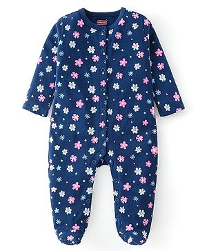 Babyhug Cotton Knit Full Sleeves Floral Printed Footed Sleepsuit - Navy Blue
