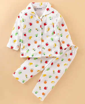Little Darlings Cotton Knit Full Sleeves Fruits Printed Night Suit - OffWhite