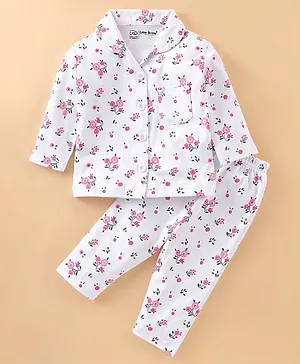 Little Darlings Cotton Knit Full Sleeves Floral Printed Night Suit - White