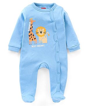 Babyhug Cotton Knit Full Sleeves Footed Sleep Suit Lion Print - Blue
