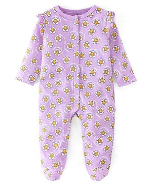 Babyhug Interlock Cotton Knit Full Sleeves Footed Sleepsuit Floral Print - Purple