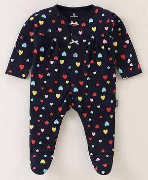 Child World Interlock Full Sleeves Sleepsuit With Floral Print - Navy Blue