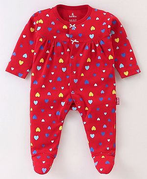 Child World Interlock Full Sleeves Sleepsuit With Heart Print - Red