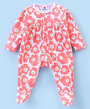 Child World Interlock Full Sleeves Floral Print Sleep Suit - Peach