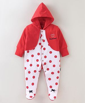 Child World Cotton Interlock Full Sleeves Hooded Footed Sleep Suit Polka Dots Print - Red