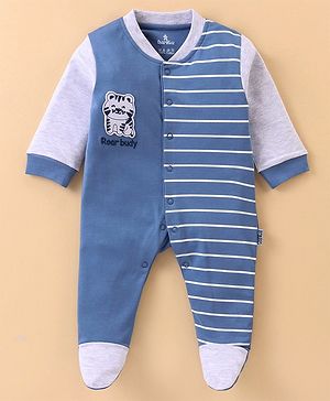 Child World Interlock Full Sleeves Sleepsuit With Tiger Embroidery - White & Blue