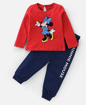 Disney By Babyhug Cotton Knit Full Sleeves Night Suit Minnie Mouse Print - Red & Navy Blue