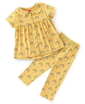 Babyhug Cotton Knit Half Sleeves Night Suit With Rainbow Print - Yellow