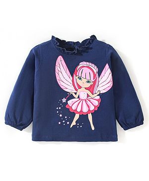 Babyhug Cotton Full Sleeves Fairy Print Tee With Frill and Glitter Detailing - Blue