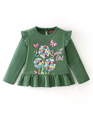 Babyhug Cotton Knit Full Sleeves Floral Print Tee With Floral Graphics and Frill Detailing - Green