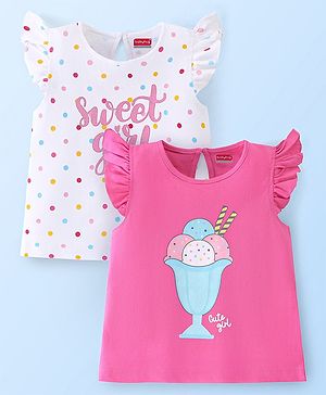 Babyhug Cotton Half Sleeves Tee With Ice Cream Graphics & Frill Detailing Pack Of 2 - White & Pink
