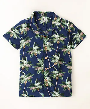 SNL Rayon Half Sleeves Coconut Trees Printed Resort Shirt - Navy Blue