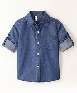 SNL Cotton Lyocell Roll Up Full Sleeves Washed Denim Shirt - Blue