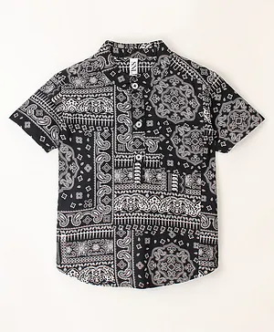 SNL 100% Rayon Half Sleeves Seamless Ethnic Blocks & Paisley Printed Short Kurta Style Shirt - Black