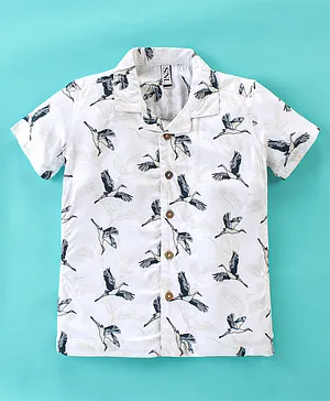 SNL Rayon Half Sleeves Birds Printed Resort Shirt - White