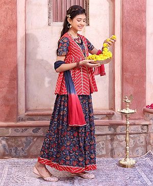 Pine Kids 100% Cotton Half Sleeves All Over Floral Printed Choli Lehenga Set with Shrug & Dupatta- Navy Blue