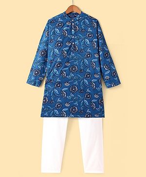Pine Kids Cotton Full Sleeves All Over Printed Kurta Pyjama Set- Navy Blue