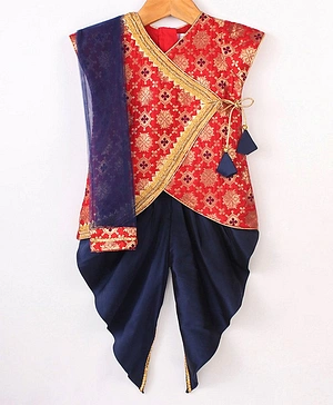 Saka Designs Cotton Cap Sleeves Kurta & Dhoti Set with Dupatta & Floral Zari Design - Red & Navy