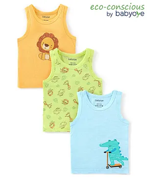 Babyoye 100% Cotton  Knit With Antibacterial Finish Lion Print Sleeveless Set of Vests Pack Of 3 - Multicolour